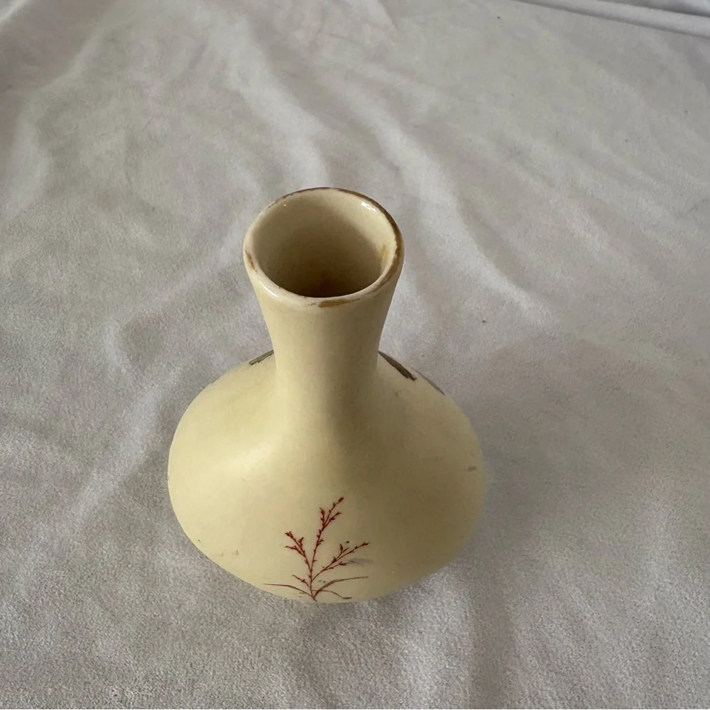 Vintage ceramic handmade painted floral vase gilded gold home decor cream